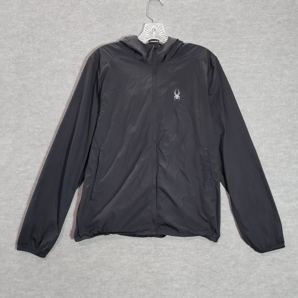 Spyder Women Jacket Medium Black Windbreaker Full Zip Logo Hooded Pockets